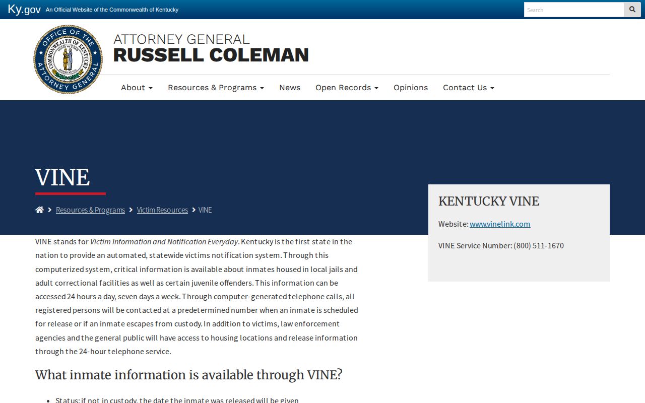 Mercer County VINE release status overview from Kentucky Attorney General